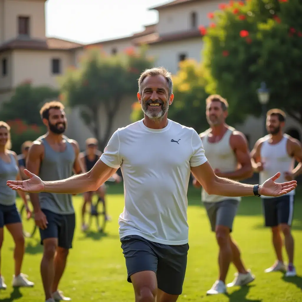 Grupo de hombres mayores participando en una sesión de entrenamiento de movilidad.